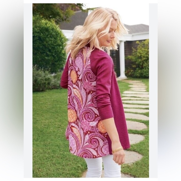 Soft Surroundings Knit Open Front Paisley Patterned Back Raspberry Pink Cardigan - Picture 1 of 7